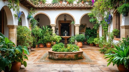 Rustic Villa Courtyard with Terracotta Tiles and Arches