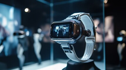 A futuristic wearable technology showcase, interactive exhibition with smart watches and augmented reality glasses, Wearable technology style