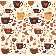 Seamless pattern of cute coffee cups with hearts, leaves, and flowers on a white background.