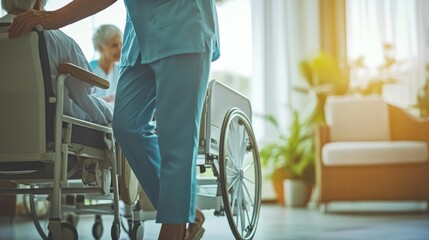 A geriatric nurse assisting an elderly patient with daily activities in a well-designed senior living facility, Supportive style, photo of
