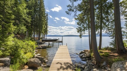 Naklejka premium Serene Lakeside Retreat with Wooden Dock and Trees