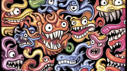 Bizarre and Colorful Surreal Monster Cartoon Characters Collage