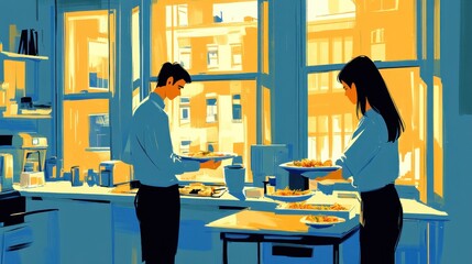 Couple Preparing Food in Kitchen with City View Illustration