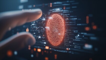 A close-up view of a digital fingerprint highlighted against a high-tech interface. The background appears dark with vibrant data symbols creating a rich, techy atmosphere of security.