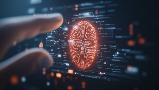 A close-up view of a digital fingerprint highlighted against a high-tech interface. The background appears dark with vibrant data symbols creating a rich, techy atmosphere of security.