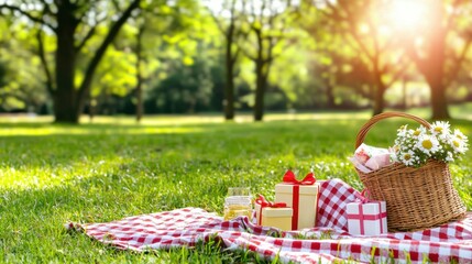 Peaceful Picnic in the Lush Park with Wicker Basket and Checkered Blanket