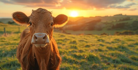 Cute Brown Cow in Green Field at Sunset on New Zealand Farm