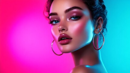 Naklejka premium A beautiful woman with glamorous makeup and a vibrant pink lip, illuminated by bright neon lights against an abstract background. 