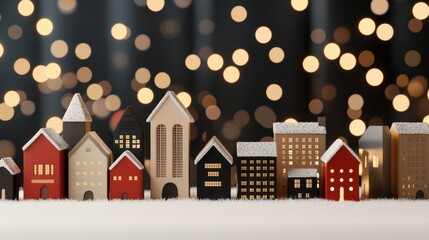 Charming Snowy Winter Town with Festive Glowing Homes and Lights