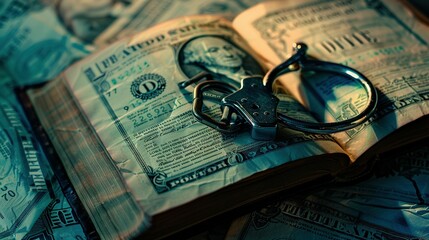 Handcuffs on an Open Book of US Dollar Bills