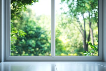 Newly installed PVC window with white metal frame overlooking a lush green landscape in a contemporary home during daylight hours