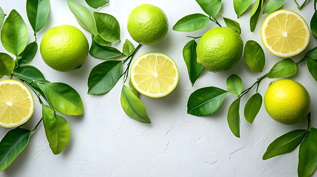 Clean, fresh design featuring lush green citrus leaves on a white backdrop, with soft lighting to accentuate the veins and organic details of the leaves