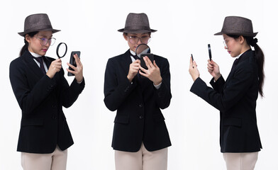 Half body 20s Asian Woman wear business suit tie dress pant hat glasses. Detective female hold magnifying phone confident investigate, 360 front side rear back view, white background isolated