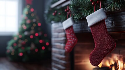 Cozy Christmas Fireplace with and Tree Lights in Festive Home Interior
