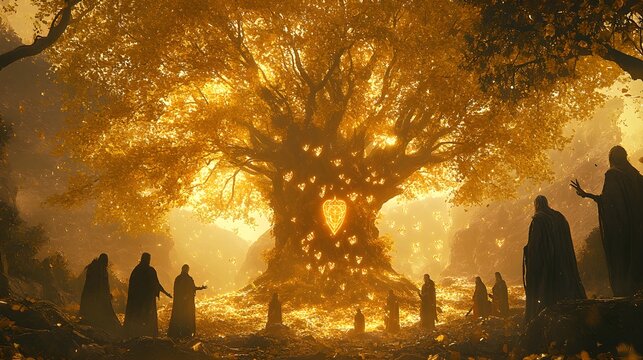 Elves in a sacred forest encircling a massive, ancient tree with golden leaves, their hands raised as glowing runes float around them, casting ancient spells