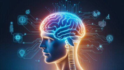 Futuristic Representation of a Human Brain Integrating with Technology for Enhanced Intelligence and Innovation