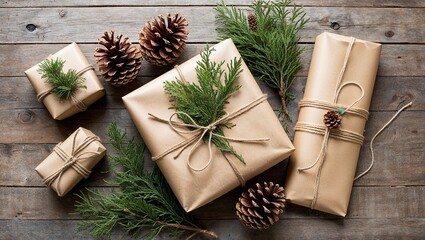 Rustic Brown Wrapped Gifts Decorated with Greenery and Pinecones for Holiday Celebrations