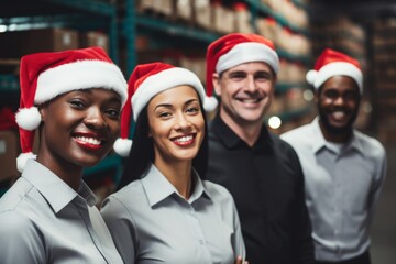Portrait of diverse warehouse workers in santa hats
