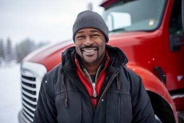 Portrait of a middle aged male truck driver in front of truck during winter