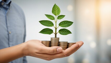 Symbolizing Growth and Investment: A Hand Holding Coins with a Plant, Perfect for Financial and Eco-Friendly Themes