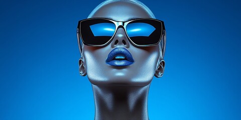 A  advertisement featuring an African American mannequin head with sleek, shiny black hair wearing oversized sunglasses that block out the sun's rays in vibrant blue tones. The background is electric 