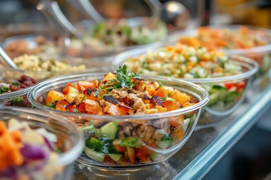 Prepared takeaway food displayed in clear glass bowls showcasing a variety of fresh salads and colorful ingredients at a bustling market