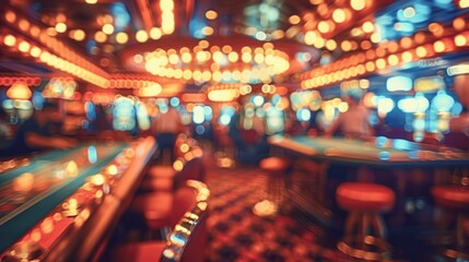 Vintage Casino Interior with Blurred Gambling Tables and Lights