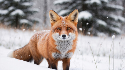 Obraz premium Wild red fox standing in snowy forest landscape