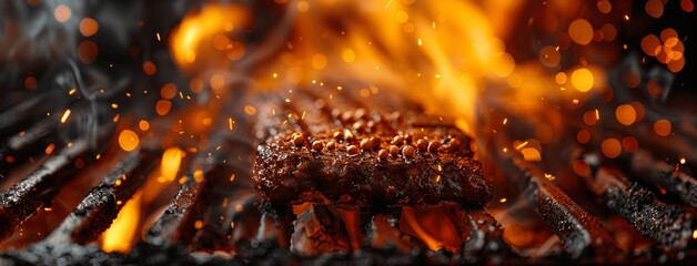 Empty Grilling Grates with Flames, Ready for Cooking, Barbecue Background