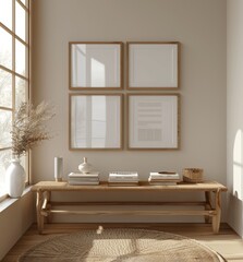 Nordic minimalist wall with wooden frames mockup in cozy living room, light beige background, wood console table with books and magazines, window behind frame on left