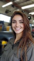 Obraz premium Smiling Mechanic with Stunning Eyes in Automotive Workshop