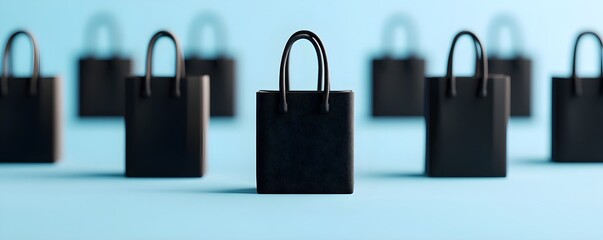 Black paper shopping bag pattern on blue background. Shopping concept. Black Friday, 11.11 Singles Day, Cyber Monday, Super Saturday. Sale and discount advertising banner, poster, flyer