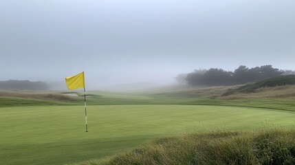 Obraz premium Fog sweeps across a quiet golf course, with a vibrant yellow flag marking its place among the emerald green grass under the ominous grey sky