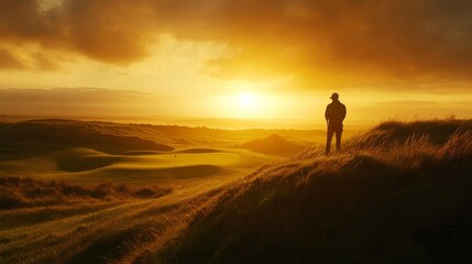 Fototapeta premium Golfer in silhouette against a setting sun, lush green golf course, tranquil evening sky blending with golden light, peaceful golf scenery