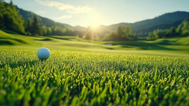 Dynamic freeze-frame of a tee shot, golf ball floating, rich green landscape, serene early morning light, natural textures, golf course beauty, movement frozen
