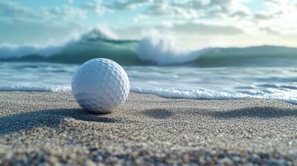 A golf ball and tee isolated on a sandy beach, with ocean waves crashing in the background, blending sports with natural, beachside vibes