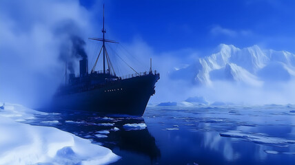 Arctic Explorer - A large ship navigates the arctic ocean on a sunny day under a blue sky
