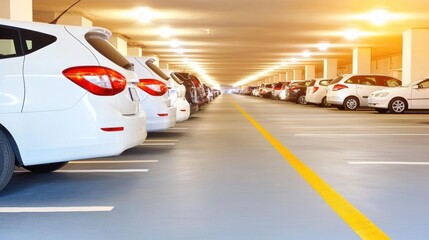 Fototapeta premium Vast Indoor Parking Garage with Rows of Cars Parked