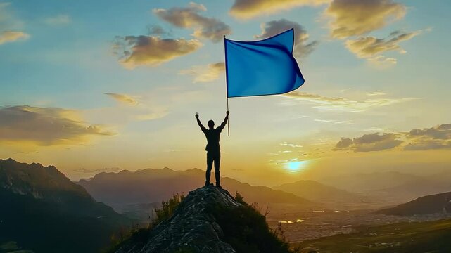 Triumphant Person with Flag on Mountain at Sunset