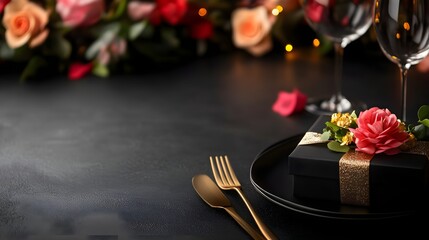 Gourmet food delivery packaging, high-end design, sleek black box with gold accents, placed on a sophisticated table setting, elegant mood, isolated on white background