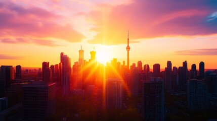 Fototapeta premium 1980s-inspired city skyline, skyscrapers piercing the bright sky, graffiti-covered walls add rebellious art, reflecting the electric vibe of retro urban streets