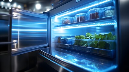 Obraz premium Luxurious frozen meal packaging with metallic silver and blue highlights, bold modern fonts, displayed in an open stainless steel freezer, illuminated by cool white LED lights, photo-realism