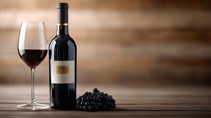 Luxury wine bottle with embossed gold foil logo, textured label, glass of red wine and grape cluster on dark wood table, high-quality photography, isolated on white background