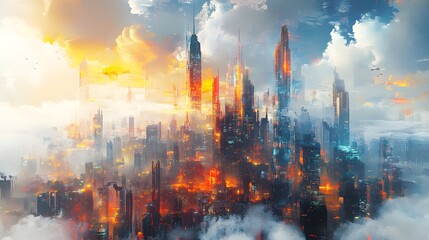 Obraz premium Dystopian retro-futuristic skyline, towering buildings, streets buzzing with graffiti and urban art, blending chaos and creativity