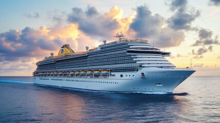 A cruise ship sailing on the ocean during sunset.