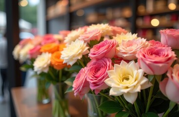 Obraz premium Vibrant display of assorted roses in glass vases at a floral shop during a sunny afternoon
