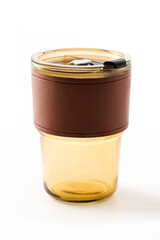 Reusable takeaway glass coffee cup isolated on white background. Zero waste , sustainable lifestyle concept