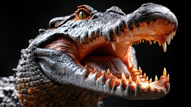 Close-up of an aggressive crocodile with open mouth, displaying sharp teeth