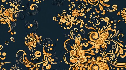 Seamless pattern with golden floral swirls on a dark blue background.