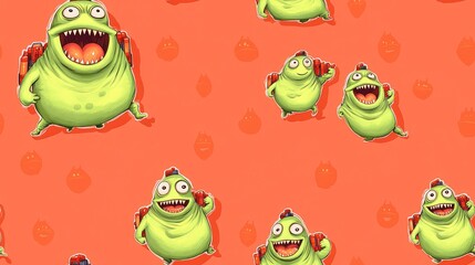 Obraz premium Seamless pattern with green cartoon monsters with red backpacks on an orange background.